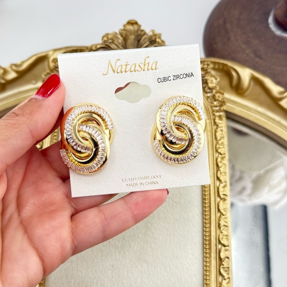 Natasha Gold-Tone Knot Earrings with Cubic Zirconia – Bold Statement Studs - Picture 5 of 13